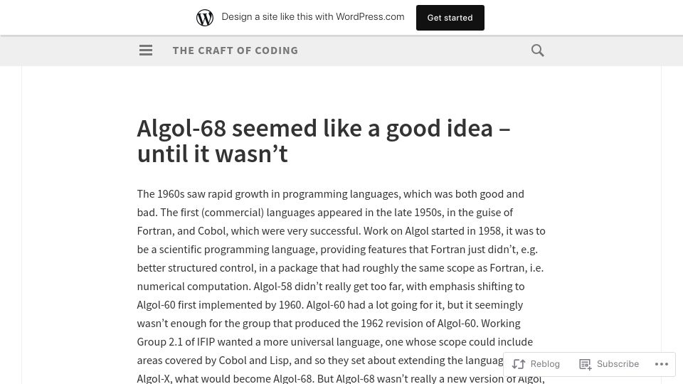 Screenshot of craftofcoding.wordpress.com: Algol-68 seemed like a good idea