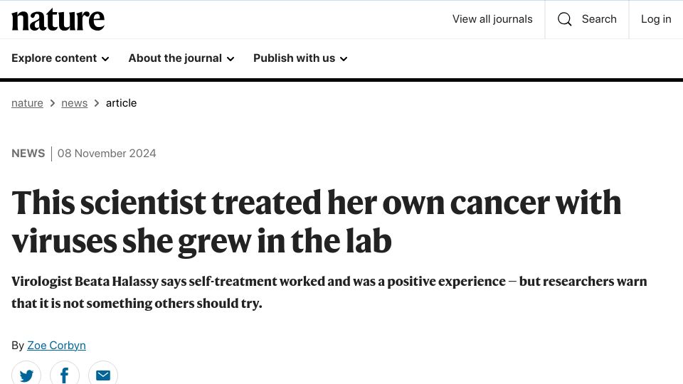 Screenshot of nature.com: Scientist treated her own cancer with viruses she grew in the lab