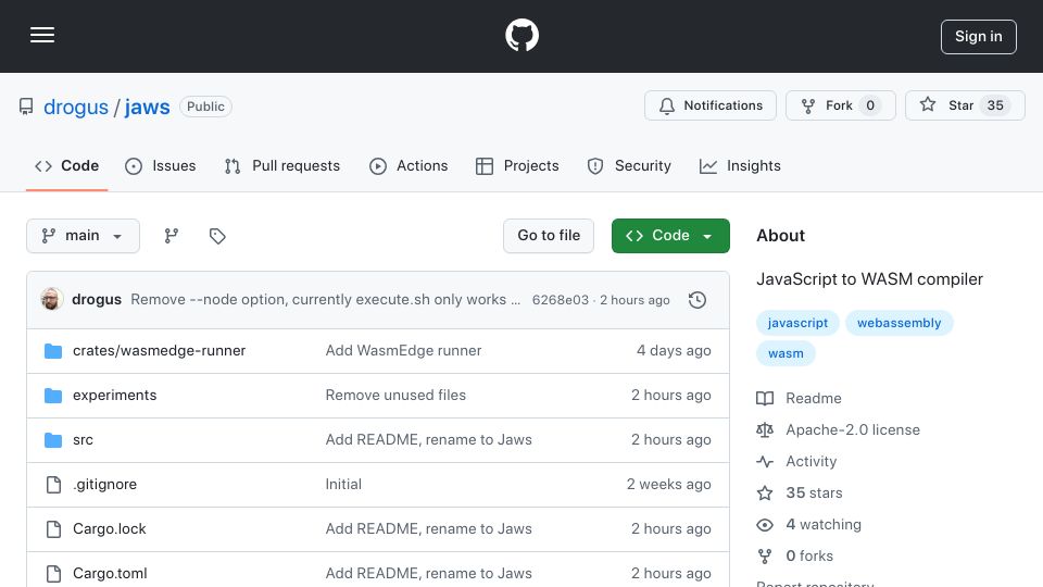 Screenshot of github.com: Show HN: Jaws – a JavaScript to WASM ahead-of-time compiler