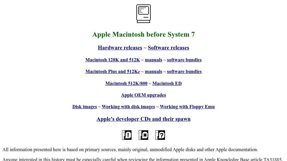 Screenshot of earlymacintosh.org: Apple Macintosh before System 7