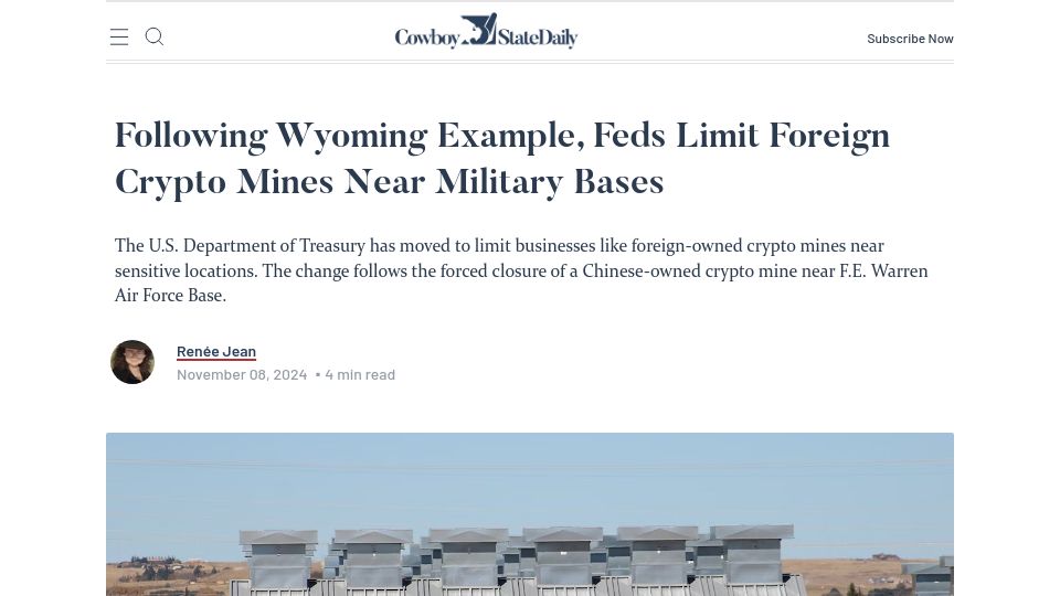 Screenshot of cowboystatedaily.com: Following Wyoming Example, Feds Limit Foreign Crypto Mines Near Military Bases