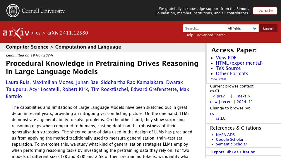 Screenshot of arxiv.org: Procedural knowledge in pretraining drives reasoning in large language models