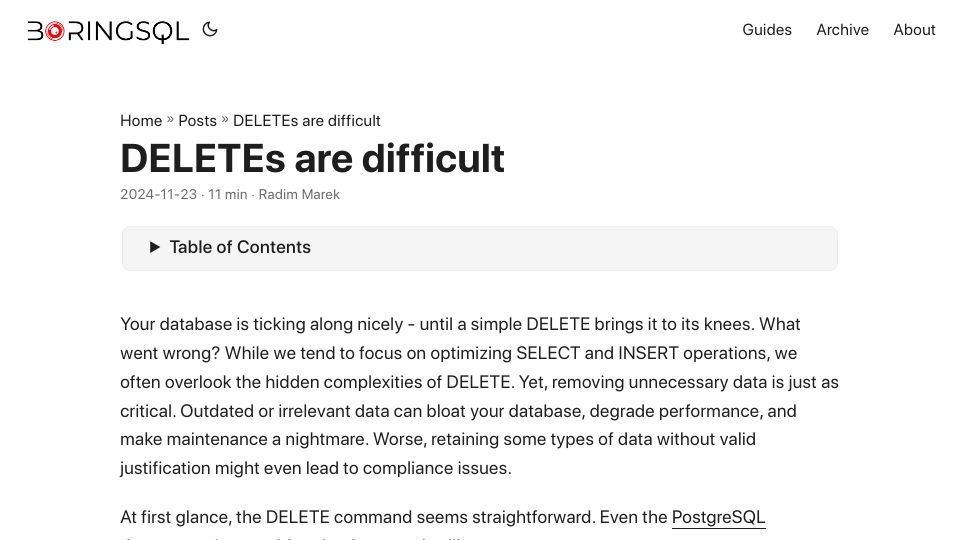 Screenshot of notso.boringsql.com: DELETEs Are Difficult