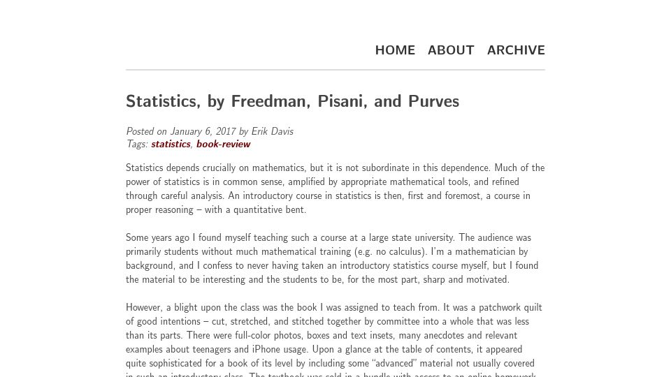 Screenshot of cadlag.org: Review of "Statistics" by Freedman, Pisani, and Purves (2017)