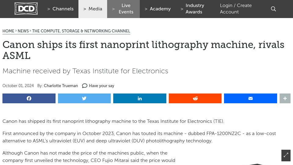 Screenshot of datacenterdynamics.com: Canon ships its first nanoprint lithography machine, rivals ASML