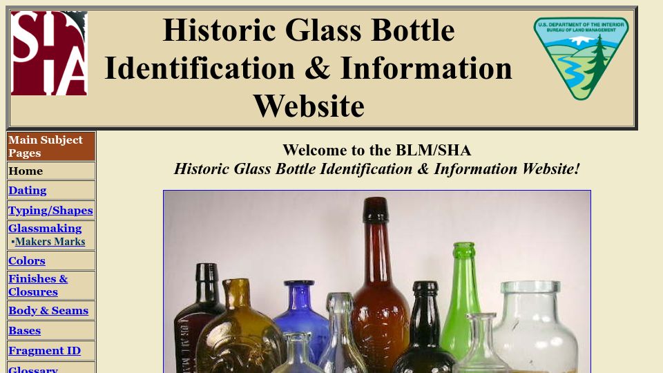 Screenshot of sha.org: Historic Bottle Website