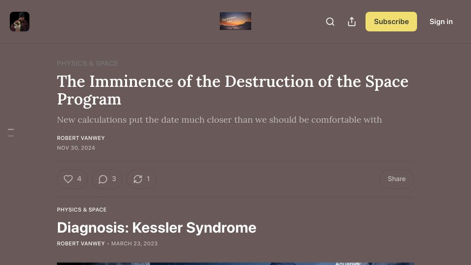 Screenshot of robertvanwey.substack.com: The Imminence of the Destruction of the Space Program