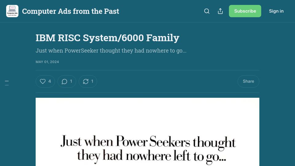Screenshot of computeradsfromthepast.substack.com: IBM RISC System/6000 Family