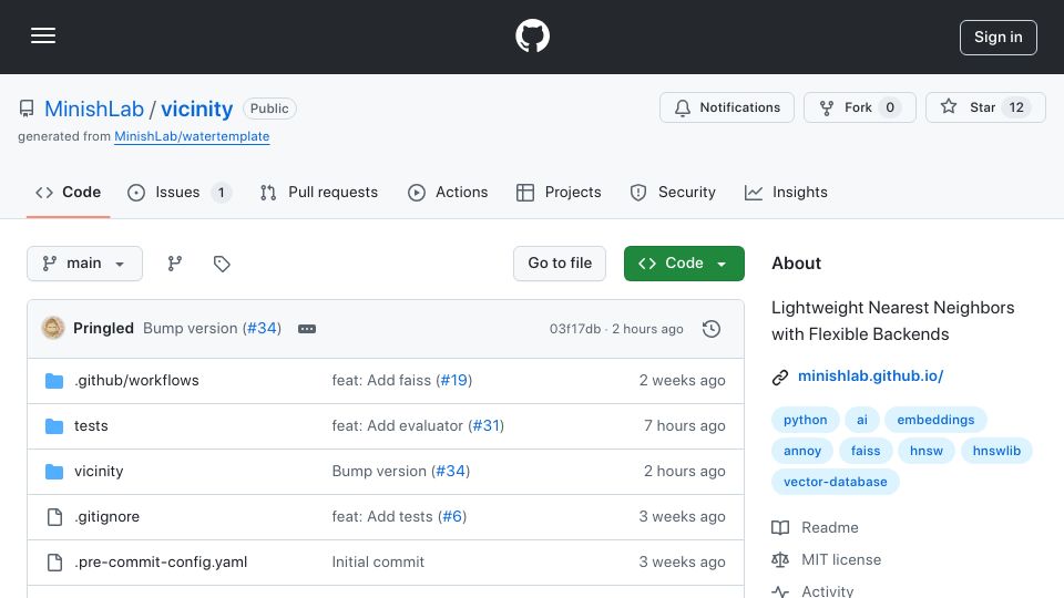 Screenshot of github.com: Show HN: Vicinity – Fast, Lightweight Nearest Neighbors with Flexible Back Ends