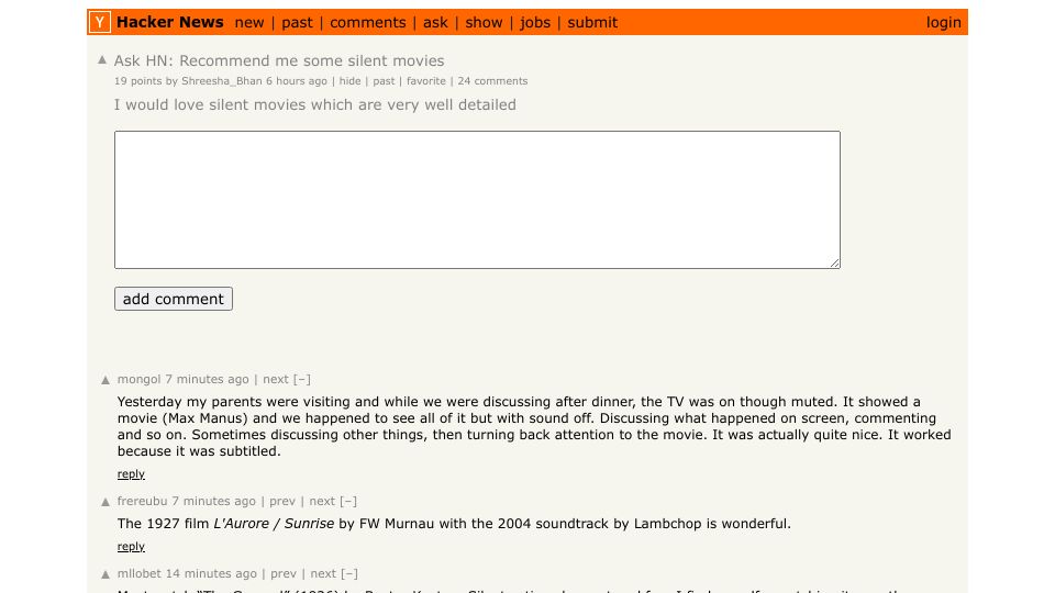 Screenshot of Hacker News post: Ask HN: Recommend me some silent movies
