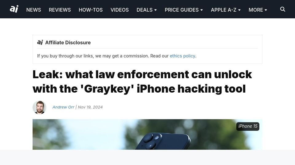 Screenshot of appleinsider.com: What Graykey iPhone hack tool can unlock