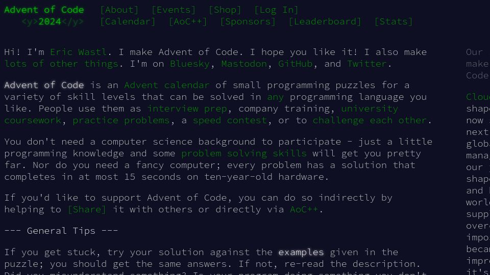 Screenshot of adventofcode.com: Advent of Code 2024