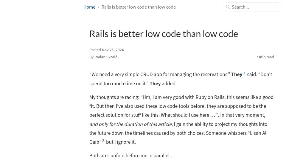 Screenshot of radanskoric.com: Rails is better low code than low code