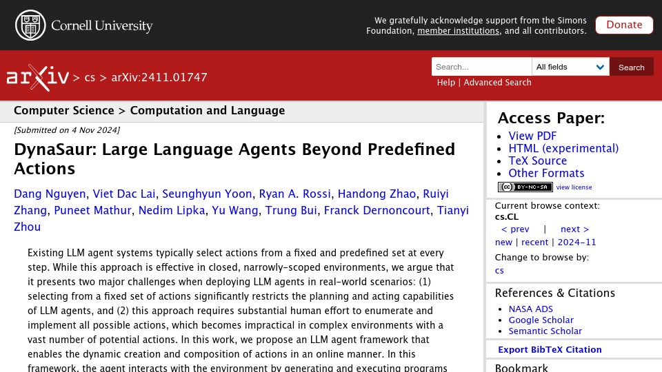 Screenshot of arxiv.org: DynaSaur: Large Language Agents Beyond Predefined Actions