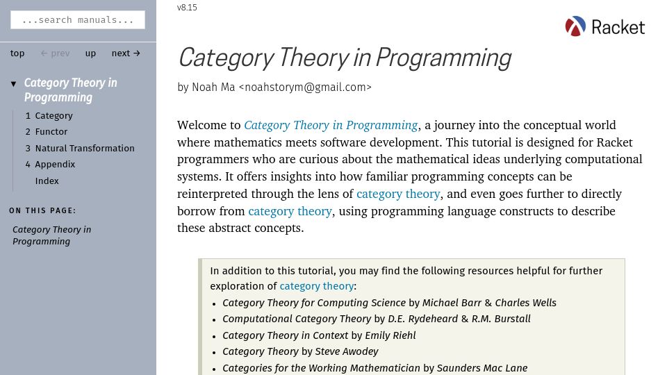 Screenshot of docs.racket-lang.org: Category Theory in Programming