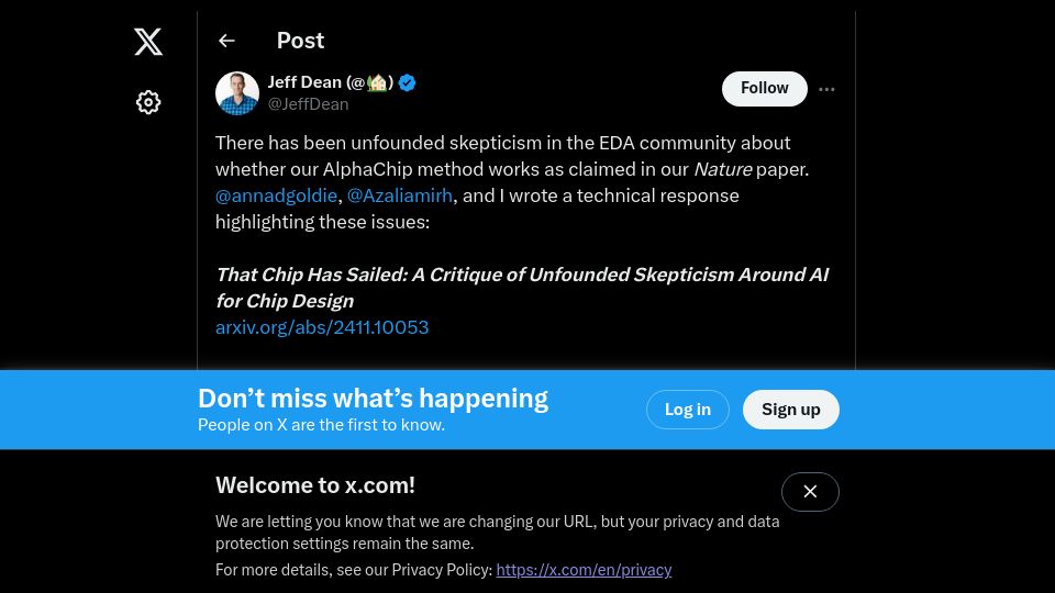 Screenshot of twitter.com: Jeff Dean responds to EDA industry about AlphaChip