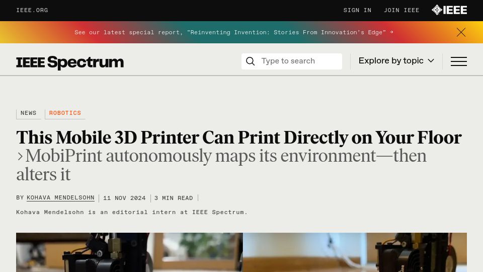 Screenshot of spectrum.ieee.org: Mobile 3D Printer Can Print Directly on Your Floor