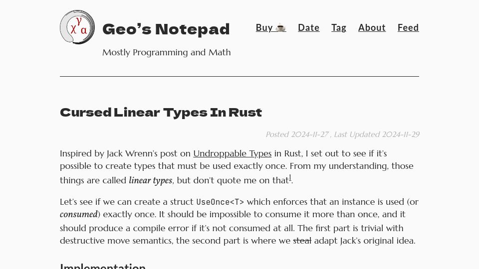 Screenshot of geo-ant.github.io: Cursed Linear Types in Rust