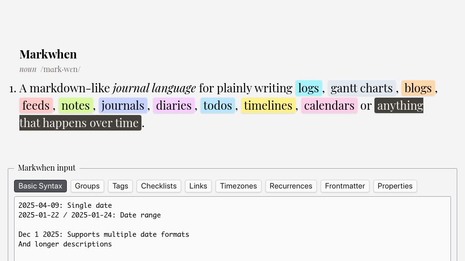 Screenshot of markwhen.com: Show HN: Markwhen: Markdown for Timelines
