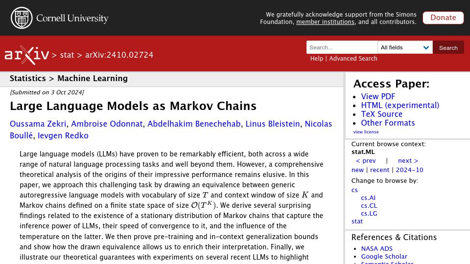 Screenshot of arxiv.org: Large Language Models as Markov Chains