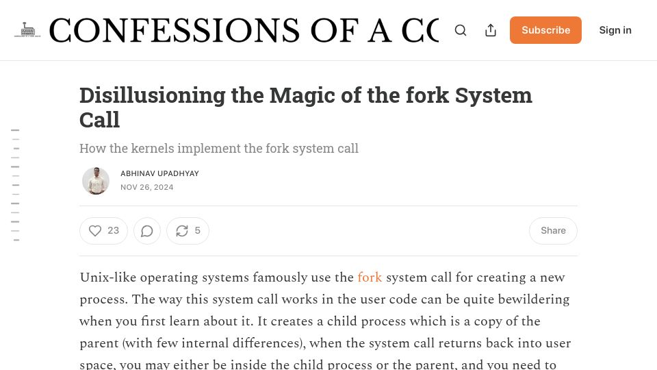 Screenshot of blog.codingconfessions.com: Disillusioning the Magic of the Fork System Call