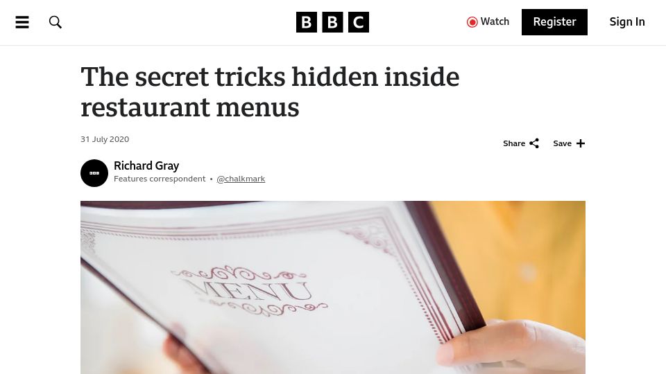 Screenshot of bbc.com: Restaurant Menu Tricks (2020)