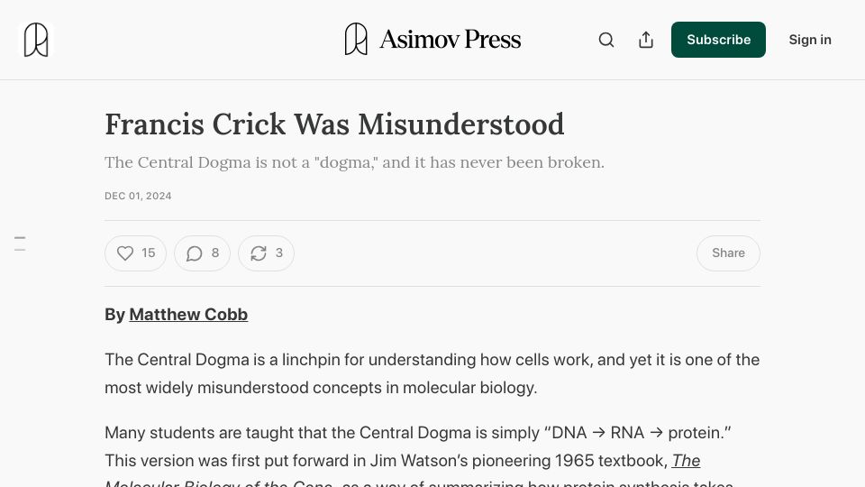 Screenshot of asimov.press: Francis Crick's "Central Dogma" was misunderstood