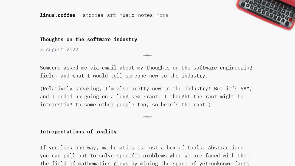 Screenshot of linus.coffee: Thoughts on the Software Industry (2022)