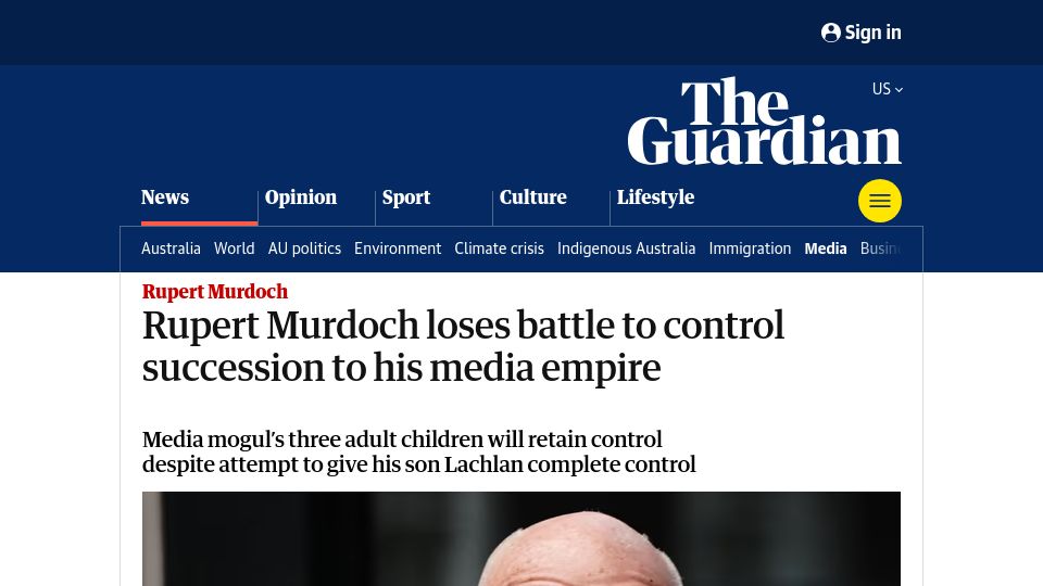 Screenshot of theguardian.com: Rupert Murdoch loses battle to control succession to his media empire