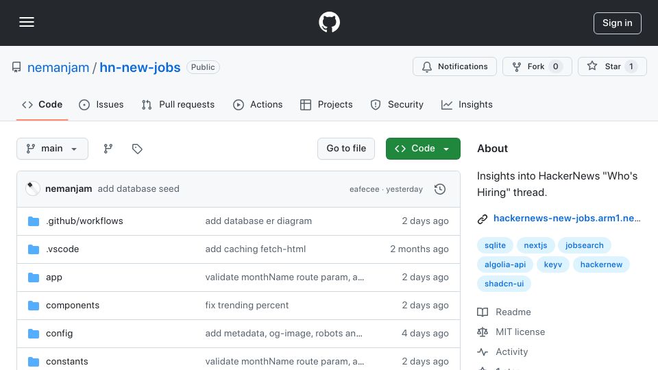 Screenshot of github.com: Show HN: HackerNews-new-jobs – insights into fresh and recurring job ads