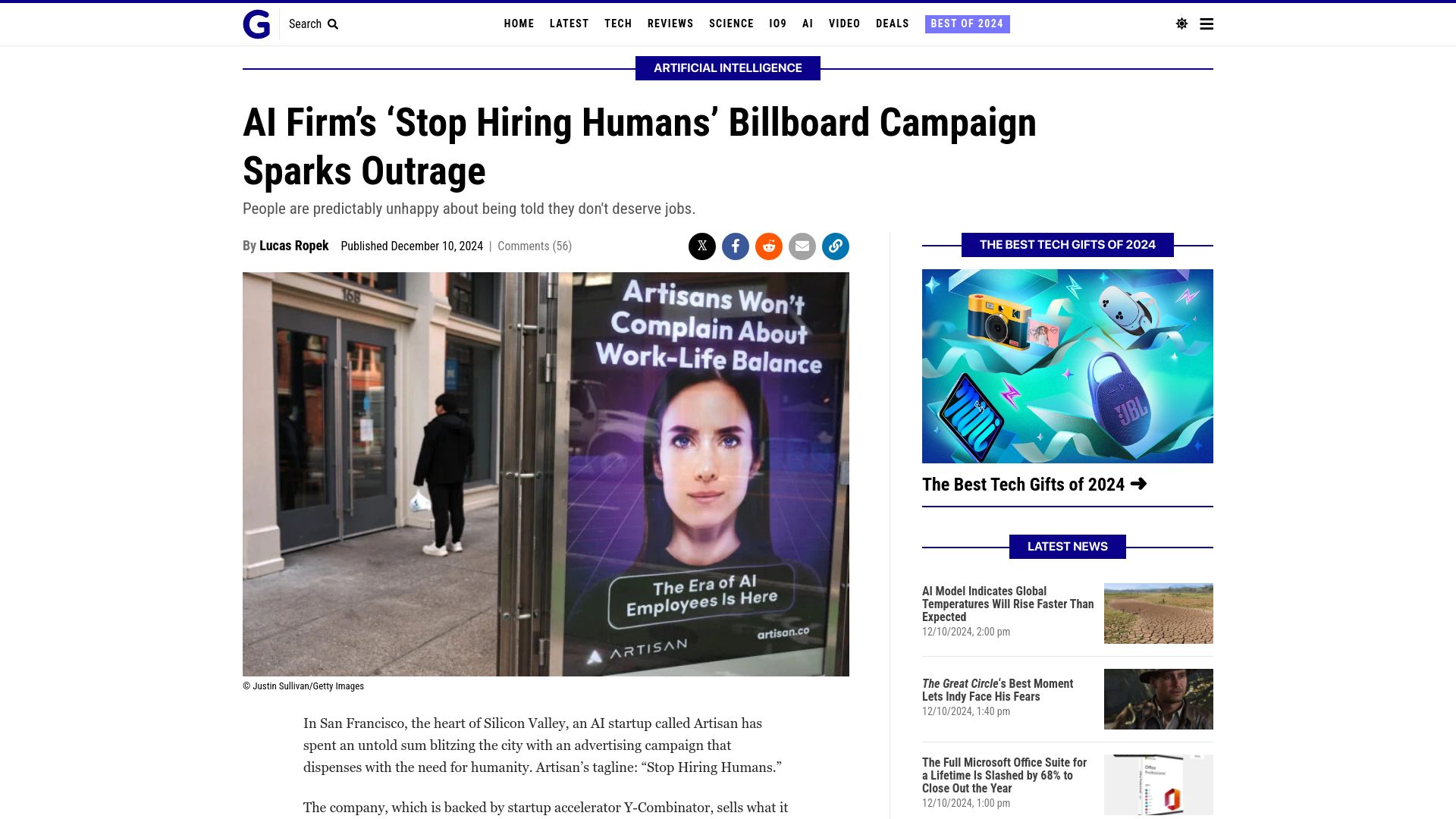 Screenshot of gizmodo.com: Y Combinator Funded AI Firm's 'Stop Hiring Humans' Billboard Sparks Outrage