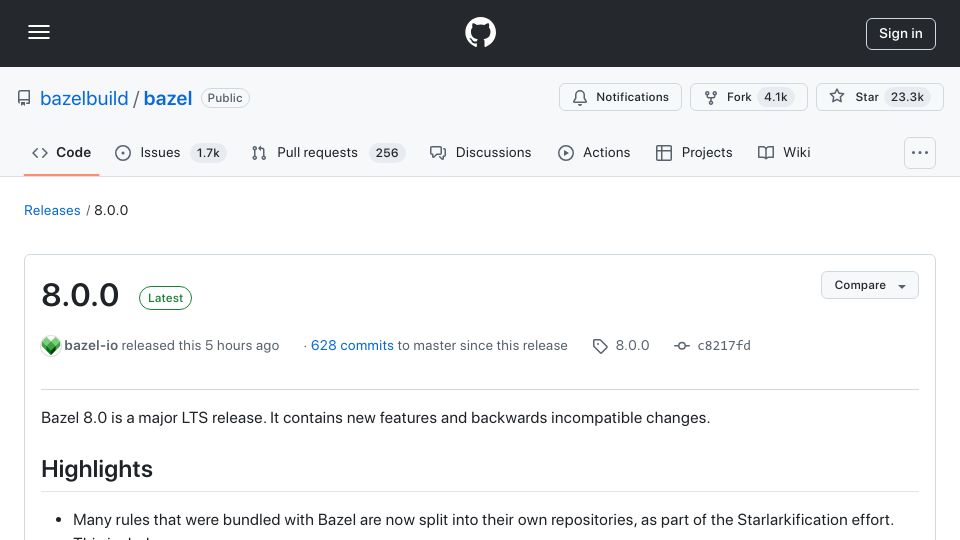 Screenshot of github.com: Bazel 8.0