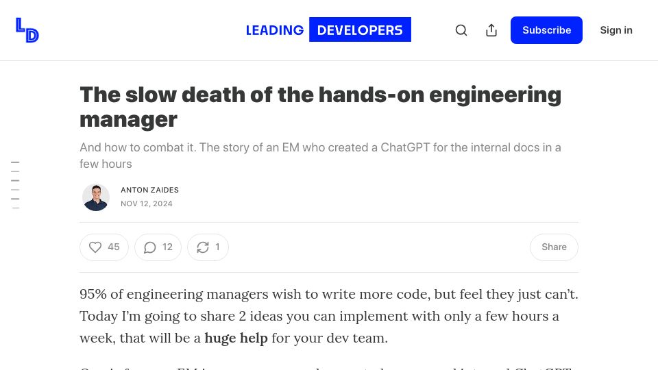 Screenshot of zaidesanton.substack.com: The slow death of the hands-on engineering manager
