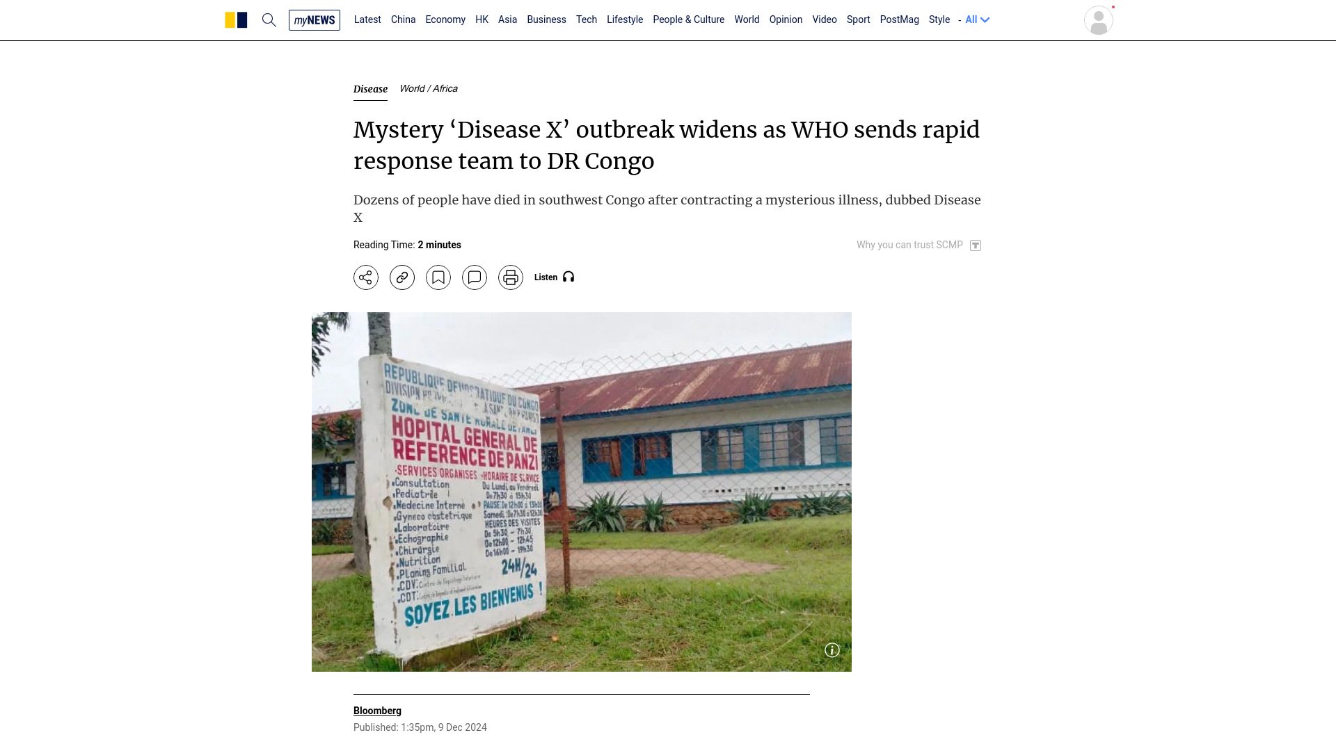 Screenshot of scmp.com: Mystery 'Disease X' outbreak widens as WHO sends rapid response team to DR Congo