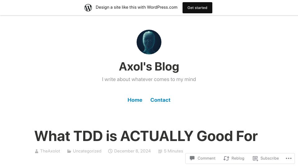 Screenshot of theaxolot.wordpress.com: What TDD is good for