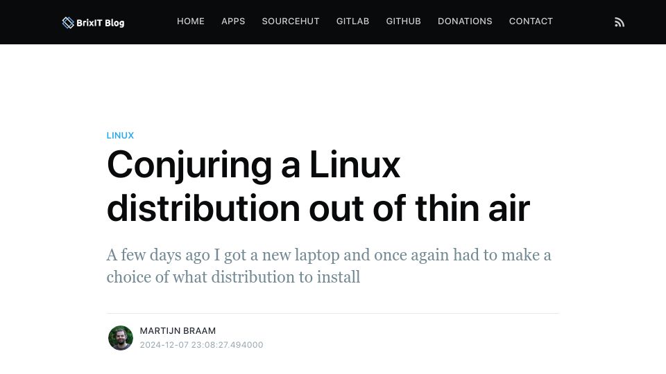 Screenshot of blog.brixit.nl: Conjuring a Linux distribution out of thin air