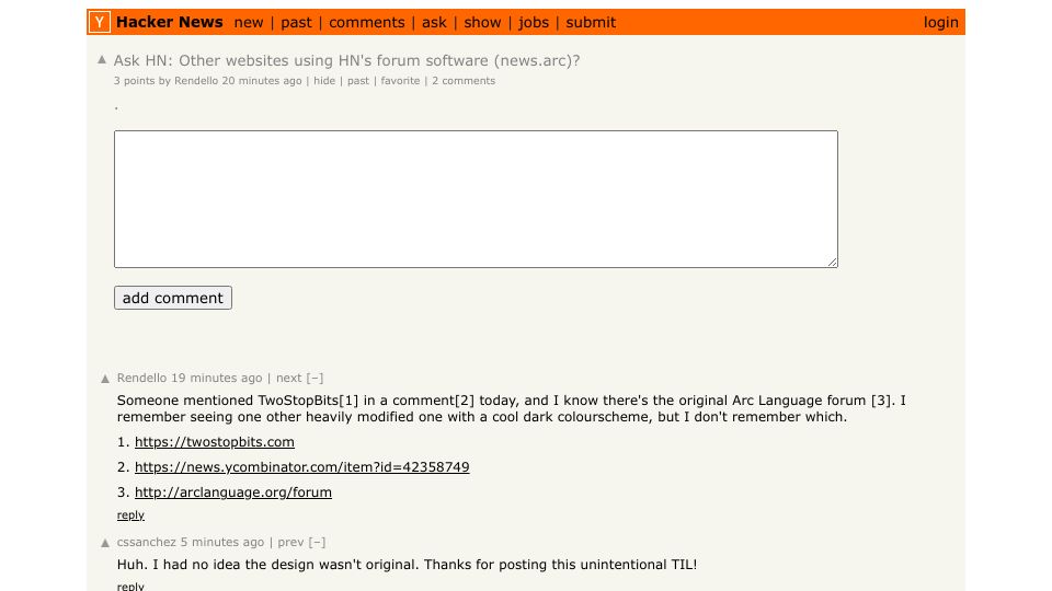 Screenshot of Hacker News post: Ask HN: Other websites using HN's forum software (news.arc)?