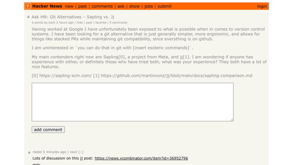 Screenshot of Hacker News post: Ask HN: Git Alternatives – Sapling vs. Jj