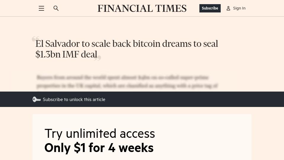 Screenshot of ft.com: El Salvador to scale back Bitcoin dreams to seal $1.3B IMF deal