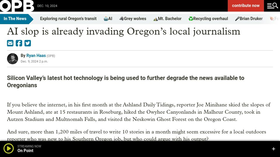 Screenshot of opb.org: AI slop is already invading Oregon's local journalism