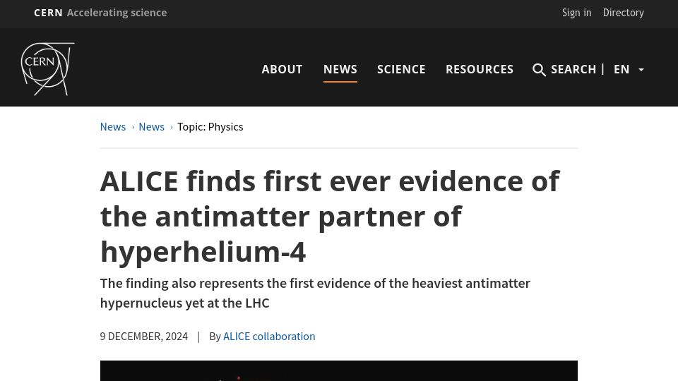 Screenshot of home.cern: ALICE finds first ever evidence of the antimatter partner of hyperhelium-4