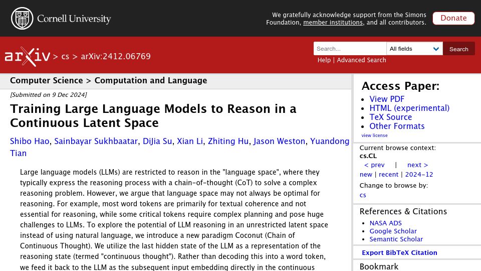 Screenshot of arxiv.org: Training LLMs to Reason in a Continuous Latent Space