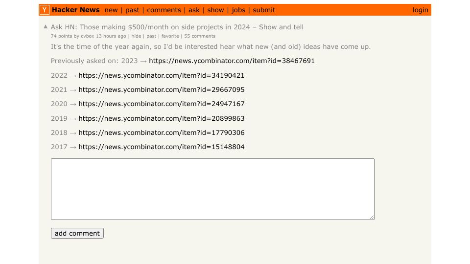 Screenshot of Hacker News post: Ask HN: Those making $500/month on side projects in 2024 – Show and tell