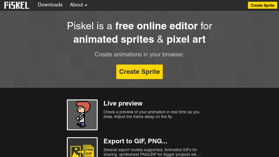 Screenshot of piskelapp.com: Piskel – Free online editor for animated sprites and pixel art