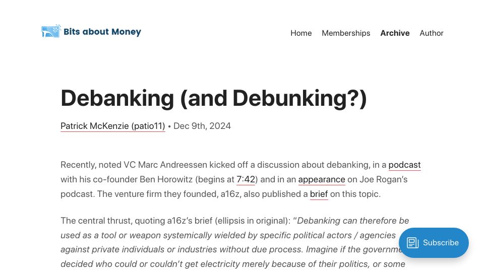 Screenshot of bitsaboutmoney.com: Debanking (and Debunking?)