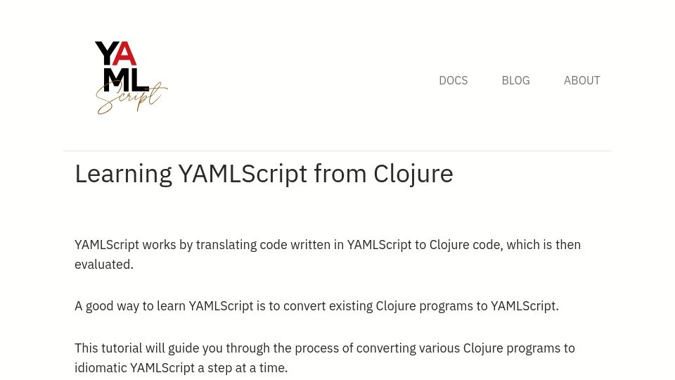 Screenshot of yamlscript.org: Learning YAMLScript from Clojure