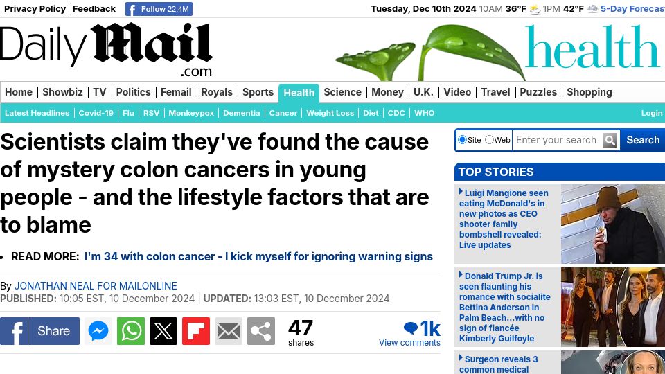 Screenshot of dailymail.co.uk: Scientists claim they've found the cause mystery colon cancers in young people