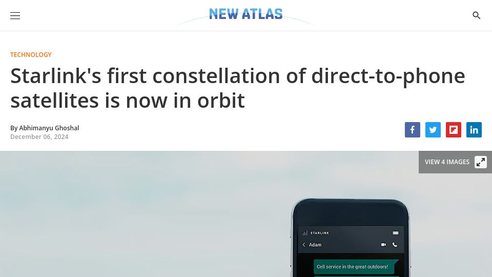 Screenshot of newatlas.com: Starlink's first constellation of direct-to-phone satellites is now in orbit