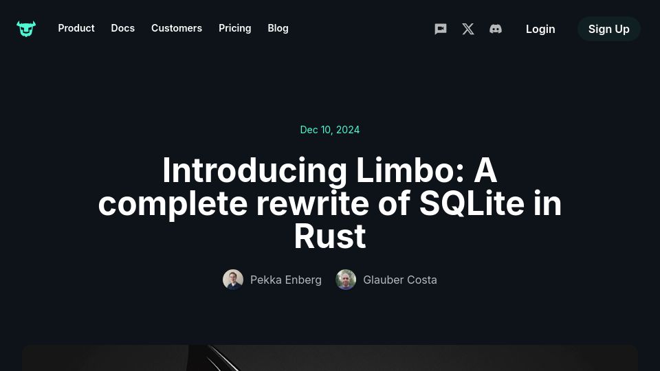 Screenshot of turso.tech: Limbo: A complete rewrite of SQLite in Rust