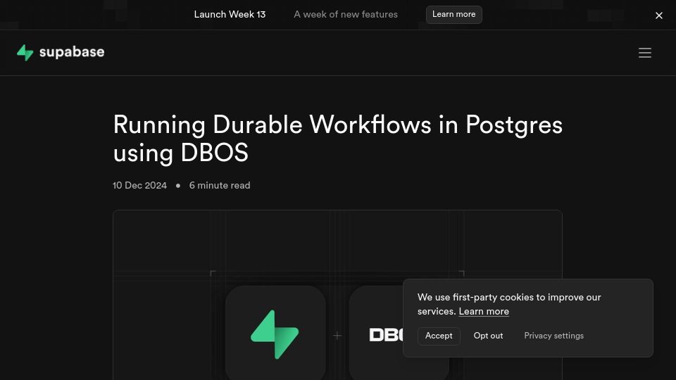 Screenshot of supabase.com: Running Durable Workflows in Postgres Using DBOS